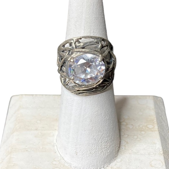 RARE Sterling Silver 925 Woven Branch Nest & Crystal CZ Boho Cocktail Ring 7 - Picture 1 of 14